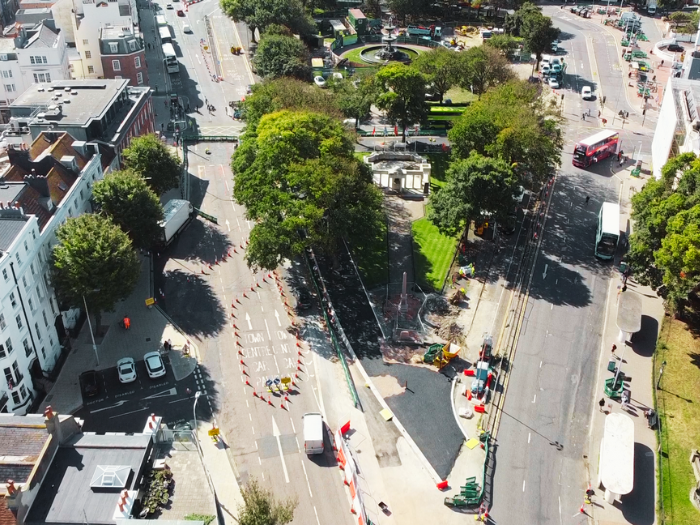 An ariel photograph of roads and trees