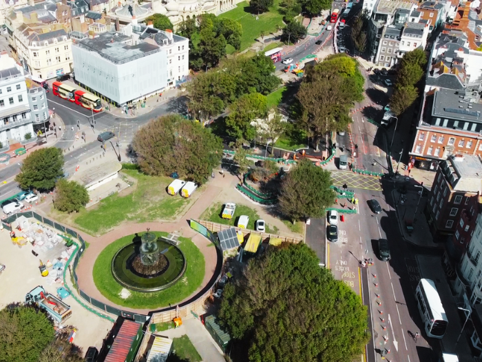 An ariel photograph of roads, trees and buildings
