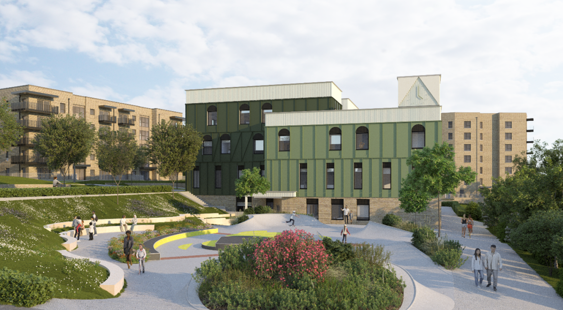 The image shows an architect's rendering of the future Moulsecoomb housing and hub.