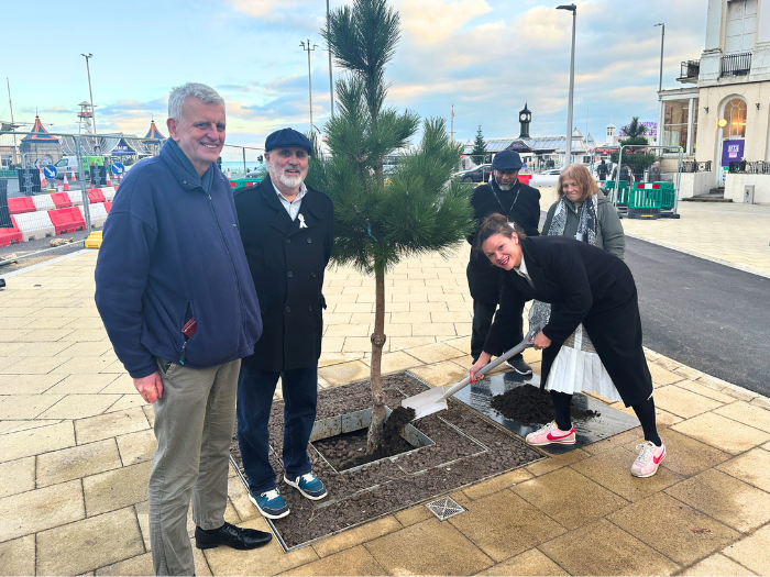 A picture of 5 people around a newly planted tree. One of them is shoveling some earth into the tree base
