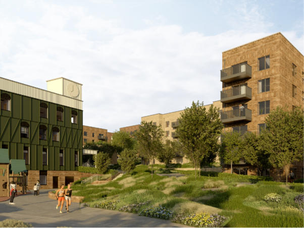 Architect&rsquo;s image looking towards the community hub and housing development in Flintfield Drive