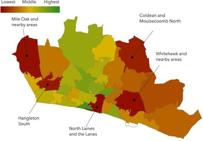 Map showing Geographical variation in the KS4 Attainment 8 of Disadvantaged pupils (three-year average to 2018/19)