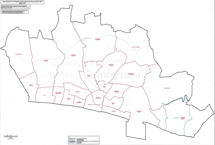 Map referred to in the Brighton and Hove Electoral Changes Order 2023 showing full Brighton & Hove area split in to wards.