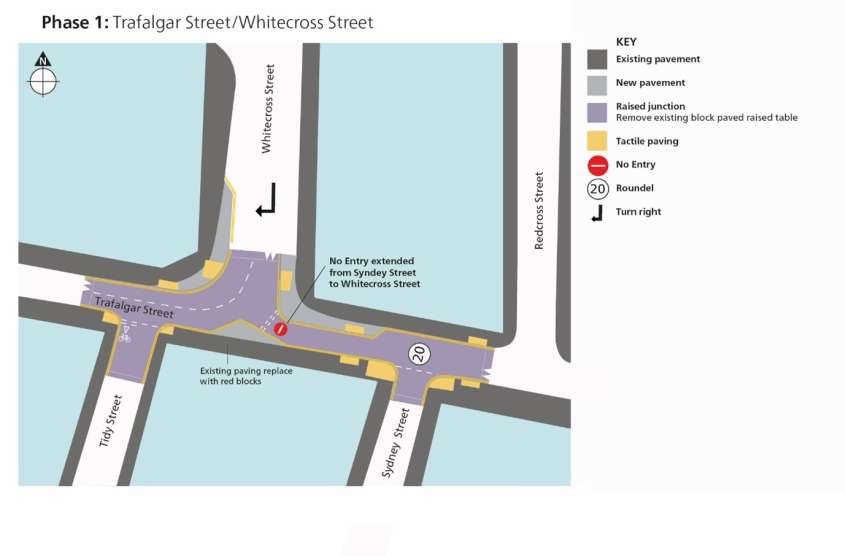 Map showing the proposed phase 1 engineering work to take place at Trafalgar Street and Whitecross Street, a summary of the changes is given below