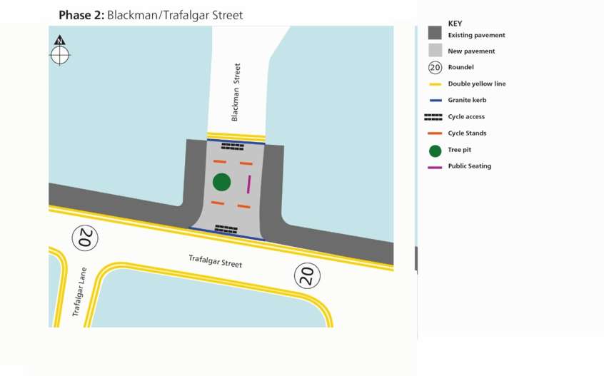 Map showing the proposed phase 2 engineering work to take place at Blackman Street and Trafalgar Street, a summary of the changes is given below