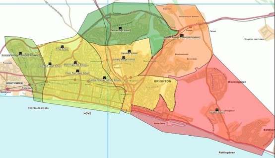 A map showing the school catchment areas