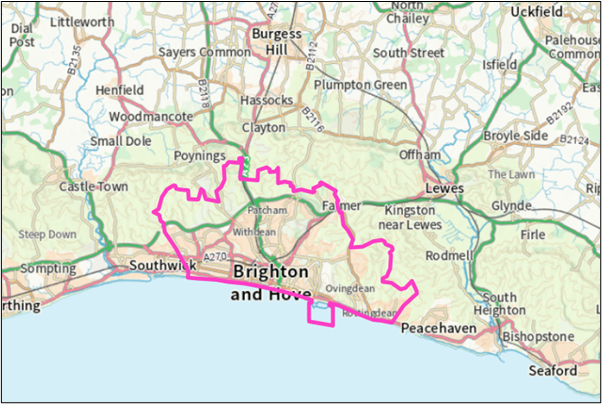 Map of the south east, highlighting the Brighton & Hove boundary.