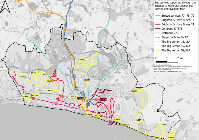 Map shows the current BSIP funded service enhancements: Compass Travel 37/37B, The Big Lemon 16/16A, 47/47A, 52/52A, Brighton & Hove Buses 21, 1X, 77, 78,79, Metrobus 273, Stagecoach South 17.