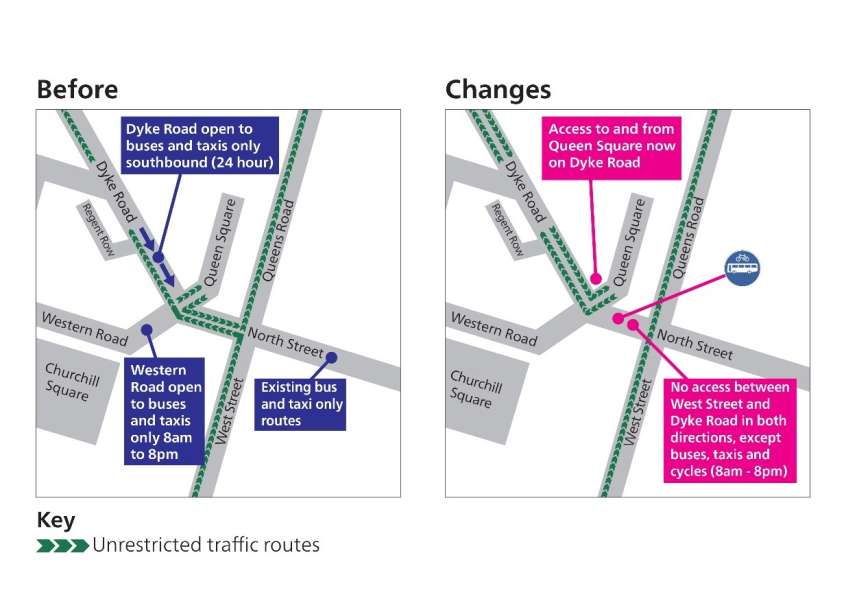 Map illustration of the before and after changes to traffic routes at Dyke Road and Queens Square junction