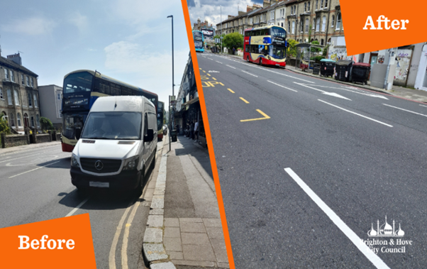 Before and after picture on Lewes Road. Both photos show a bus stopping at a bus stop. The first picture has a big white van illegally parked in a bus stop. The second shows a clear bus stop as the bus approaches.