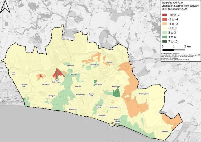 Map of the south east, highlighting the Brighton & Hove boundary showing change in Peak AM scoring from January 2023 to October 2024.
