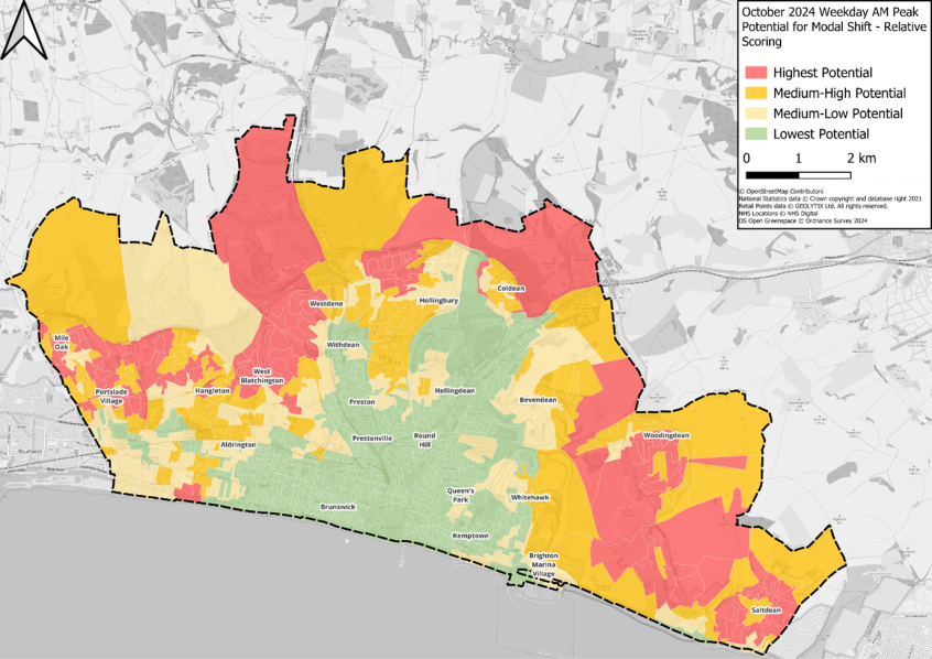 Map of the south east, highlighting the Brighton & Hove boundary showing October 2024 AM Peak potential for modal shift..