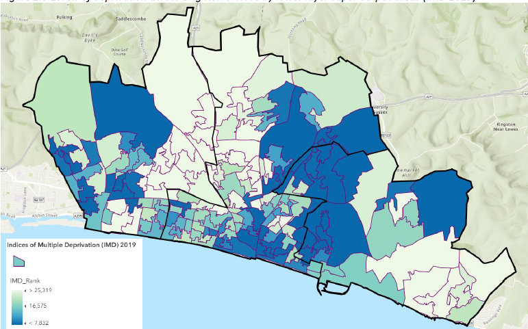 Map showing the levels of deprivation across Brighton & Hove by lower layer super output areas