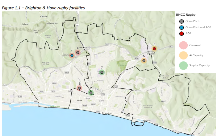 Map of Brighton & Hove rugby facilities