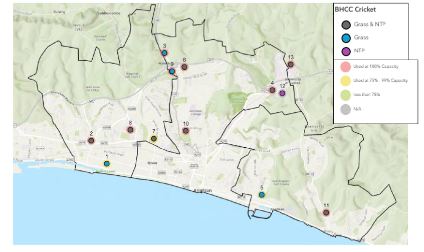 Map of cricket site distribution across Brighton & Hove.