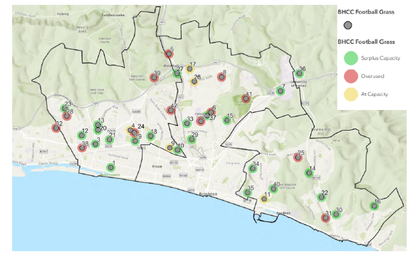 Map showing the Distribution of grass football pitch sites in Brighton & Hove.