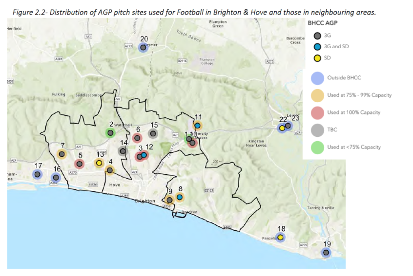 Map of Distribution of AGP pitch sites used for Football in Brighton & Hove and those in neighbouring areas