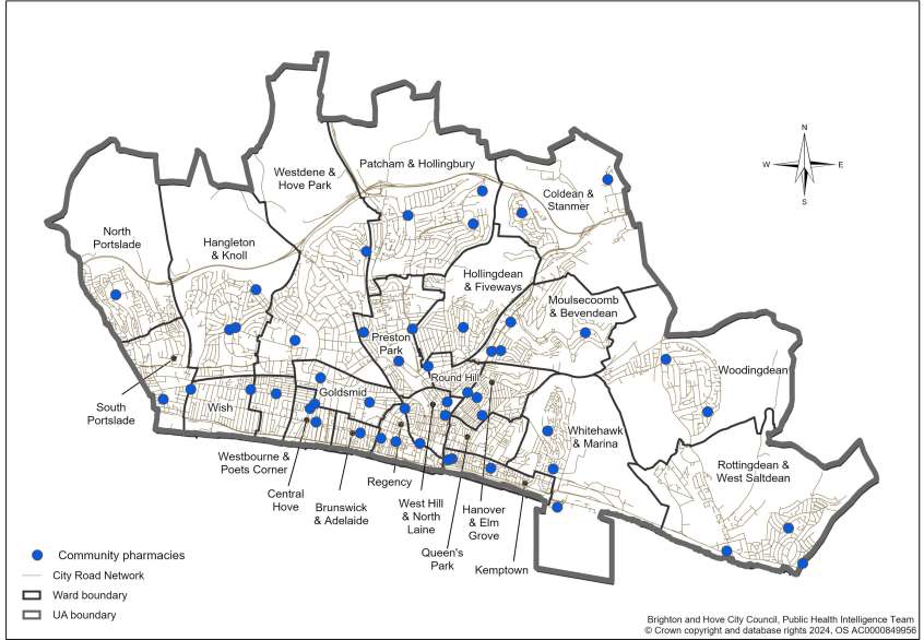 Map of Brighton & Hove HWB area showing the wards and the location of pharmacies, February 2025