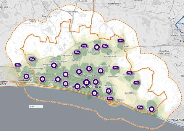 Map of average walk times to community pharmacies in Brighton & Hove 