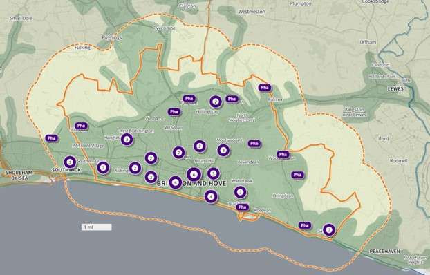 Map of drive times by private transport to the nearest pharmacy in Brighton & Hove (weekday morning) 