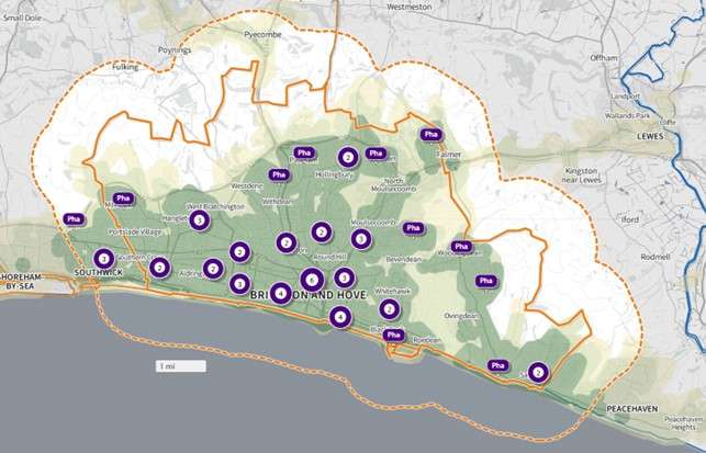 Map of public transport times to the nearest pharmacy in Brighton & Hove (weekday morning) 