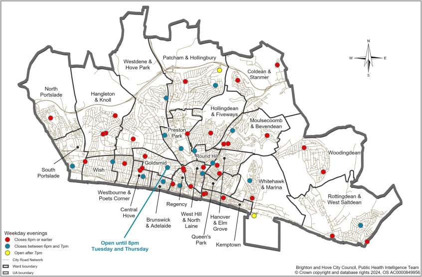 Map of pharmacy opening hours in Brighton & Hove (weekday evening)