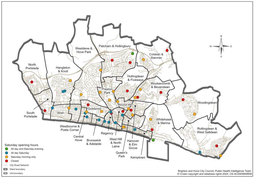 Map of pharmacy opening hours in Brighton & Hove (Saturday)