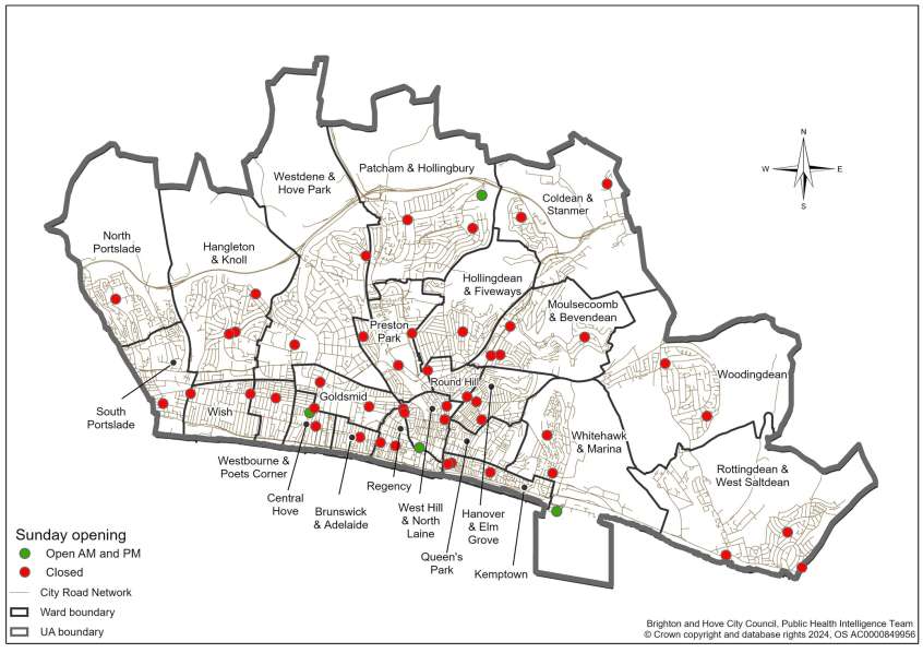 Map of pharmacy opening hours in Brighton & Hove (Sunday)