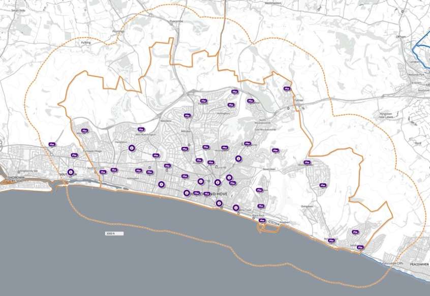 Map of pharmacies in Brighton & Hove and neighbouring areas in a 1.6km/ 1 mile buffer