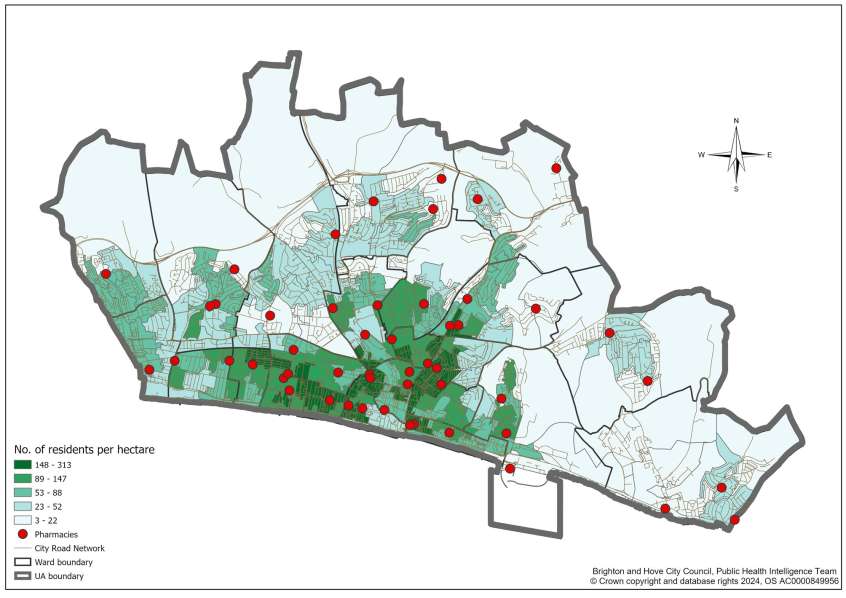 Map of pharmacies in Brighton & Hove with population density