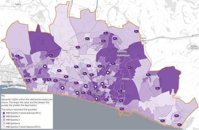 Map of pharmacies in Brighton & Hove with the Index of Multiple Deprivation