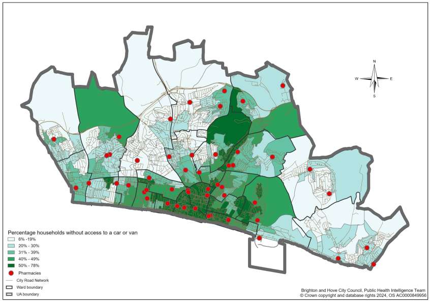 Map of the distribution of households without access to a car or van