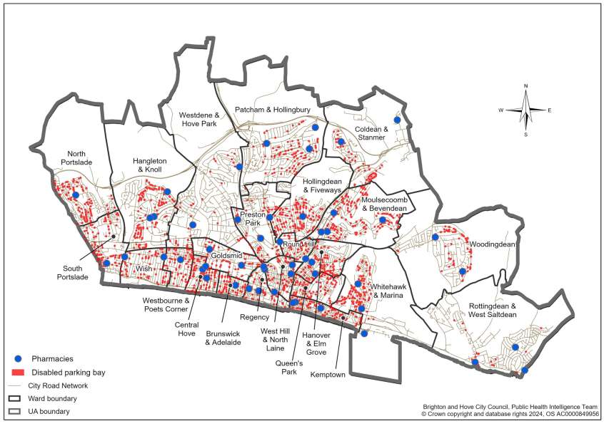 Map to show all the parking bays marked as disabled in relation to the community pharmacies across Brighton & Hove