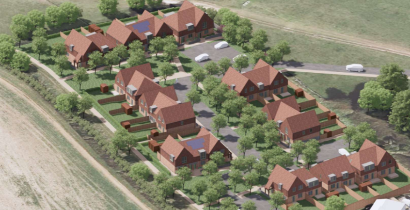 Aerial view of the proposed council homes for the Mile Oak Road project, showing new build houses with trees surroudning