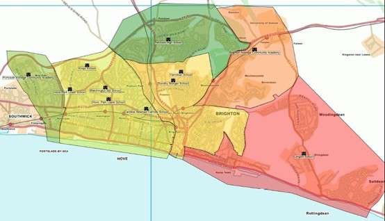 A map showing the school catchment areas for 2027 to 2028, see catchment area postcode lists for more information