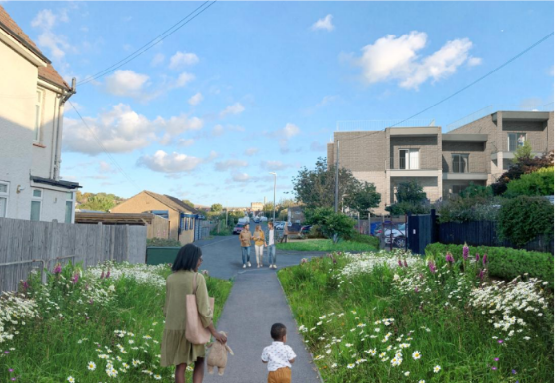 Mock up picture of Windlesham Close housing project. Family walking a long a path in front of houses and blue sky.