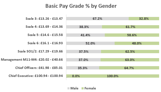 Graph showing the pay grade percentage by gender, information is given in text form below