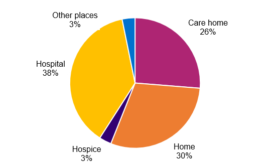 Pie chart showing Brighton and Hove Places of Death (2022 to 2024, ONS)