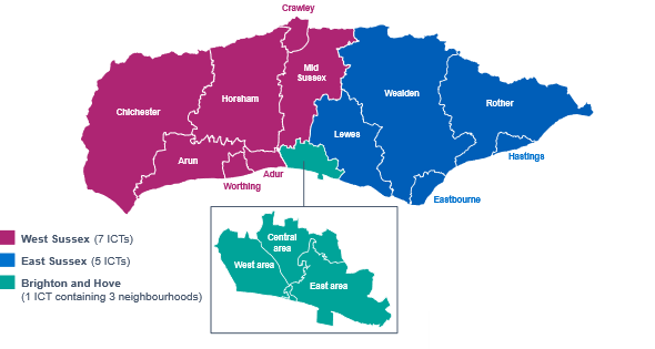 Map showing the different ICTs and neighbourhoods in Sussex. 