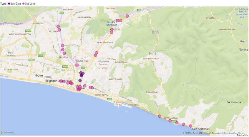 Map showing the location of bus gates and bus lanes across Brighton & Hove