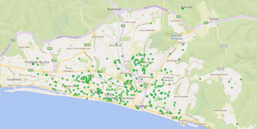 Map showing where EV chargers are installed across Brighton & Hove