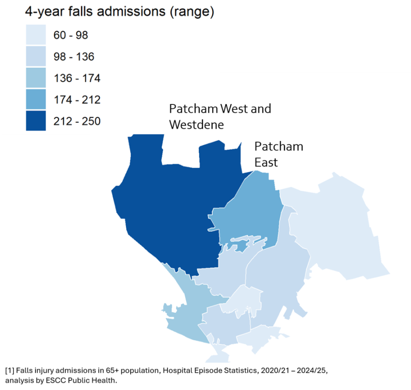 Map showing falls injury admissions hotspots in Central ICT, information is given in text