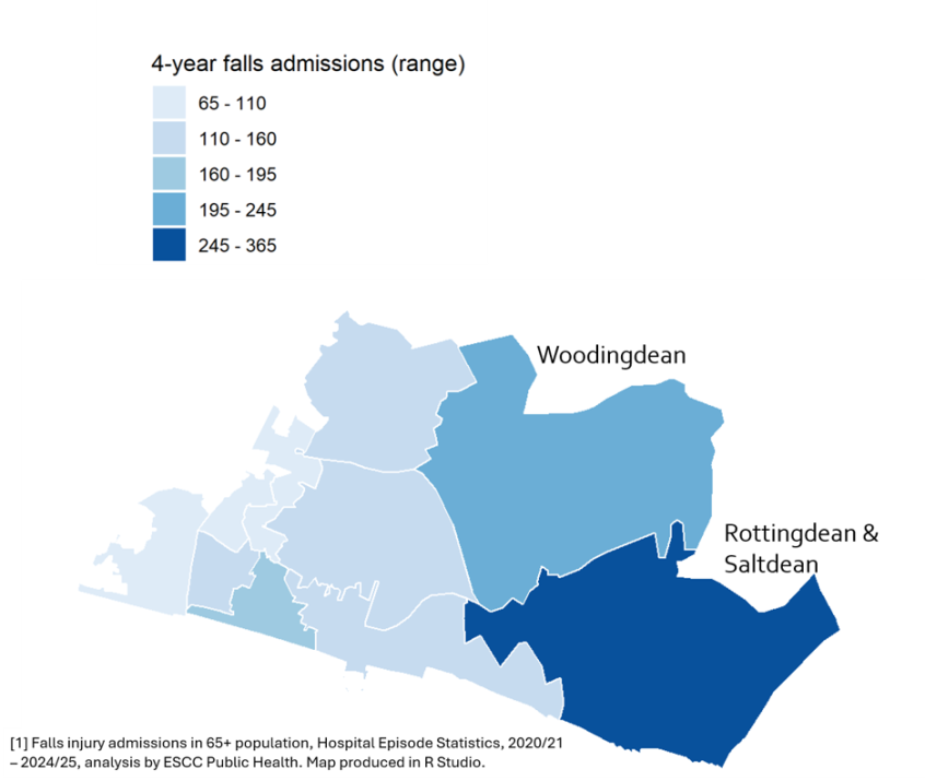 Map showing falls injury admissions hotspots in East ICT, information is given in text