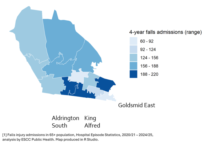 Map showing falls injury admissions hotspots in West ICT, information is given in text