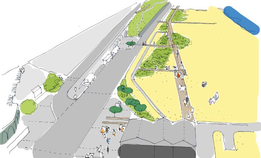 An illustration of the junction of Duke&rsquo;s Mound and Madeira Drive on the left, along with the new beach boardwalk on the right