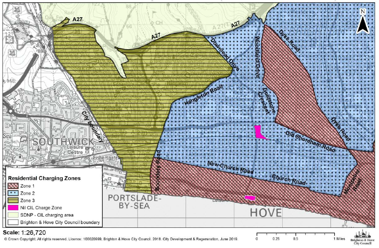 "Map of the west of Brighton to the city centre showing the Community Infrastructure Levy Charging Zones. Road names are used to identify the charging area boundaries. The map also shows the South Downs National Park boundary where the Brighton & Hove charges do not apply."