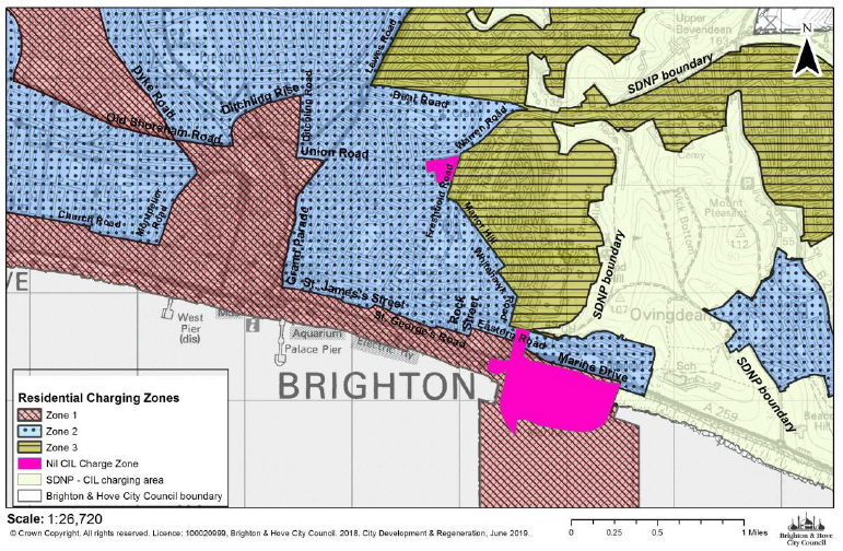 "Map of east of Brighton to the city centre showing the Community Infrastructure Levy Charging Zones. Road names identify the charging area boundaries. The map also shows the South Downs National Park boundary where the Brighton & Hove charges do not apply."