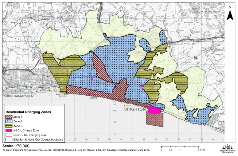 "Overall map of Brighton & Hove showing the Community Infrastructure Levy Charging Zones and the charging area boundaries."