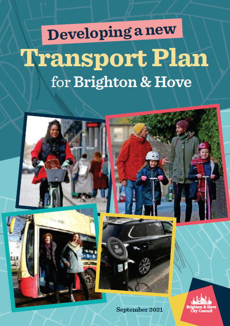 Font cover of the local transport plan. Person on a bike. 2 adults walking behind 2 children on scooters. 2 People getting of a bus. An electric car at an electric car charging point.