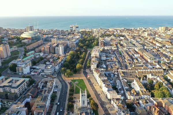 Areal view of Valley Gardens, Brighton and the sea.